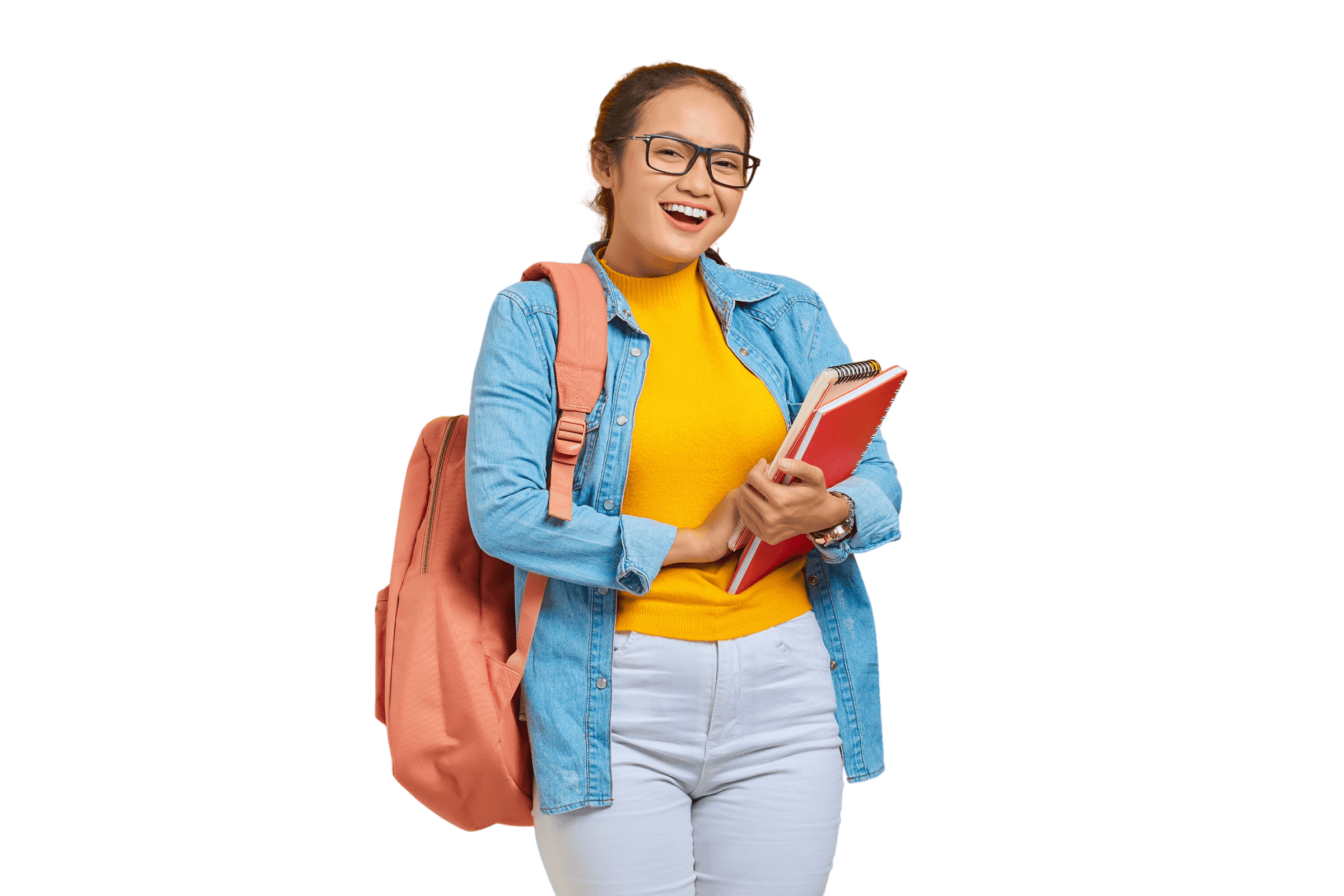 Smiling student carrying a backpack and notebooks